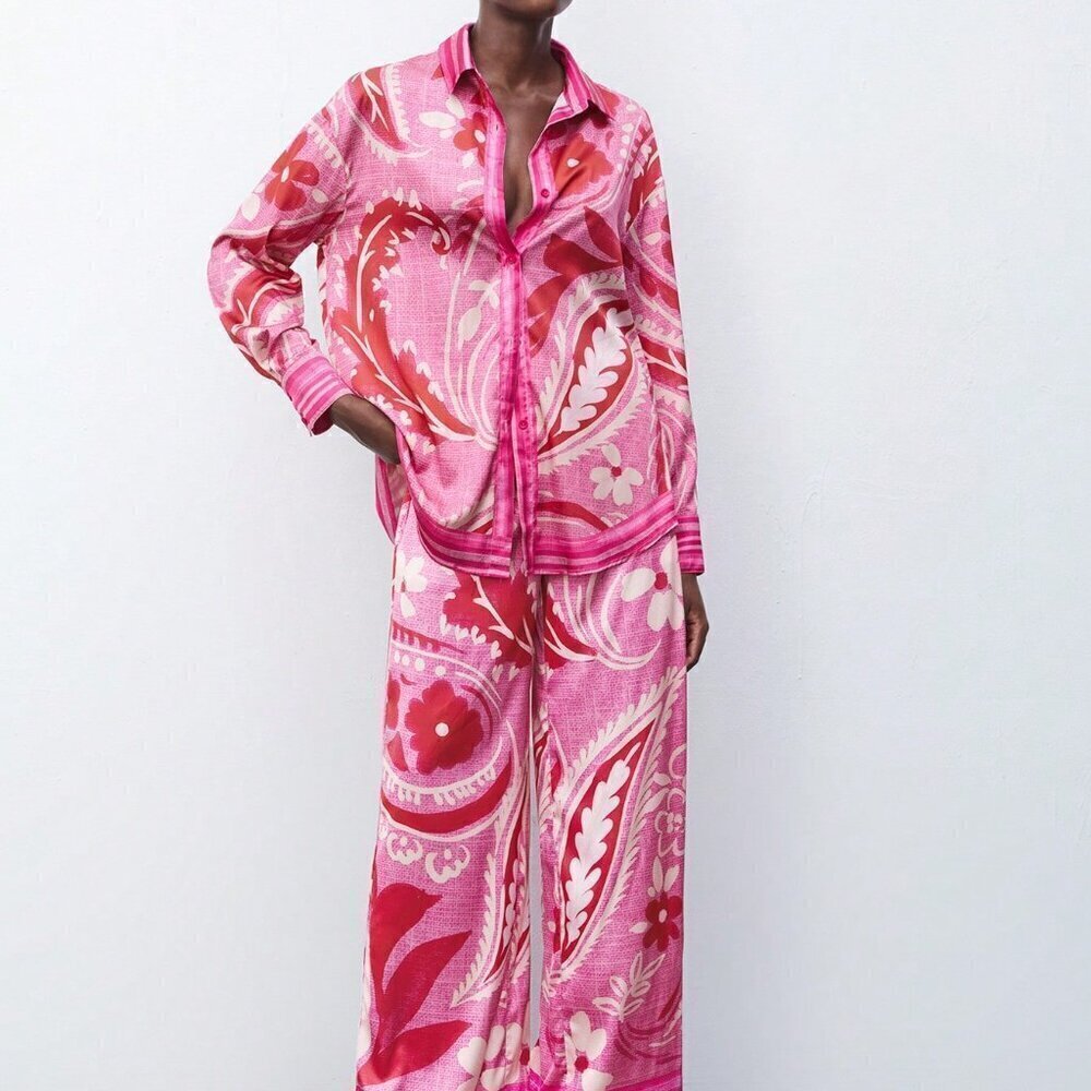 Hot Pink Casual Women's Floral Print Straight Leg Pants For Vacation - Picture 5 of 7